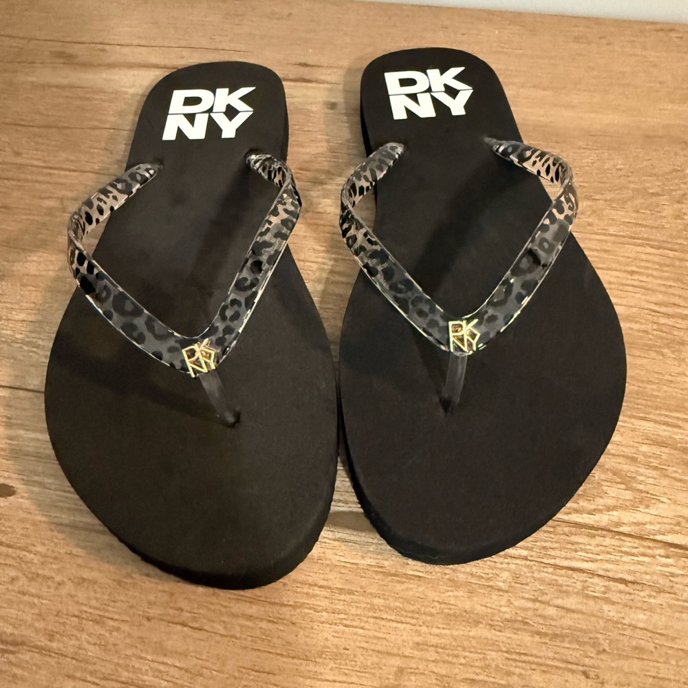 DKNY Black and Leopard Print Flip-Flops